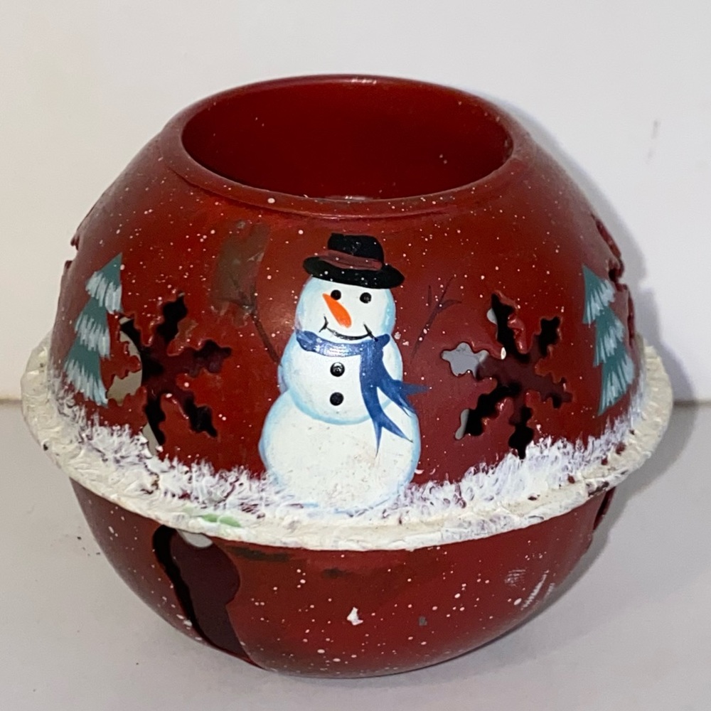 Red Tin Hand Painted Christmas Snowman Large Jingle Bell Tea Light Candle Holder